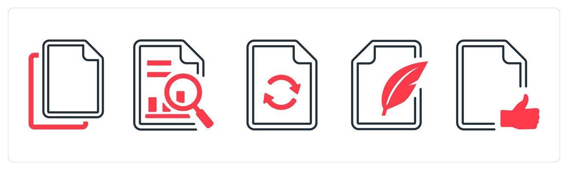 A set of 5 mix icons as duplicate, data search, update in red color vector