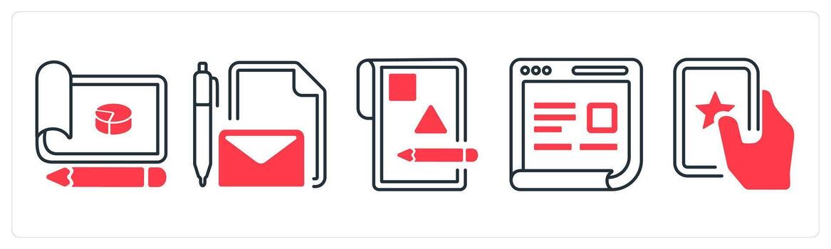 A set of 5 mix icons as design, write document, design layout in red color vector