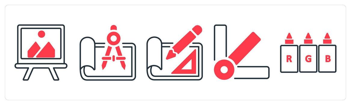A set of 5 mix icons as painting, draw, layout design in red color vector