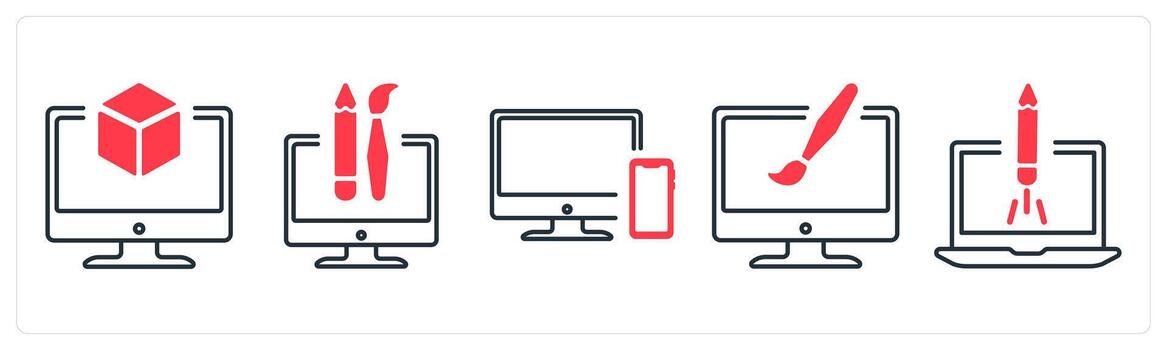 A set of 5 mix icons as 3d, custom design, responsive in red color vector