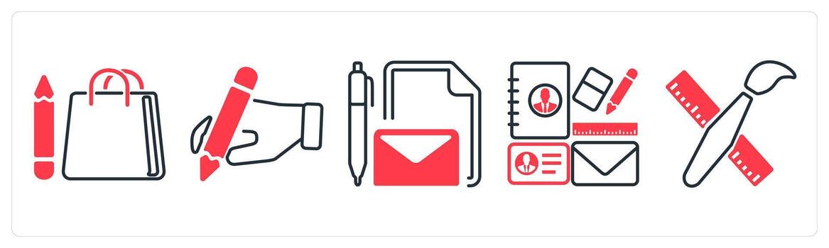 A set of 5 mix icons as shopping bag, writing, write document in red color vector