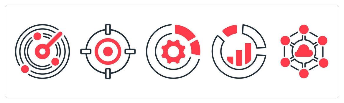 A set of 5 mix icons as performance, target, statistics in red color vector