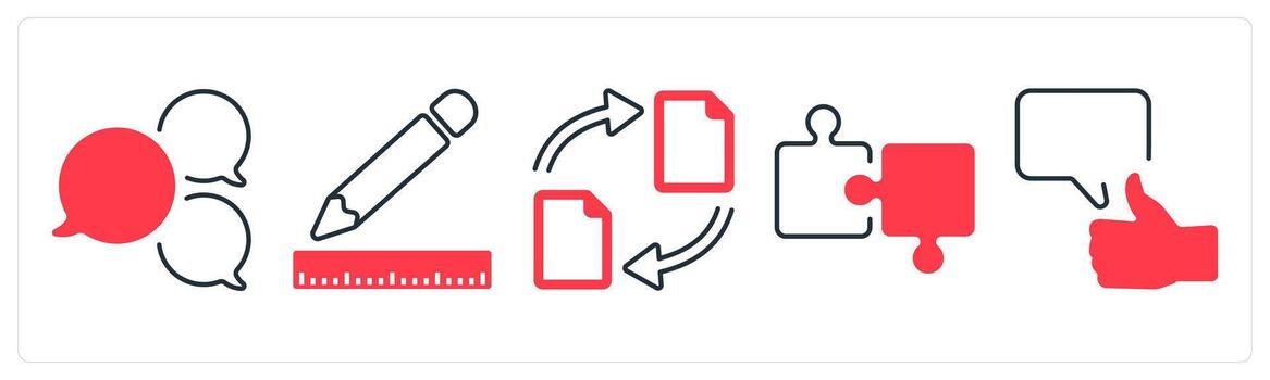 A set of 5 mix icons as bubbles, stationery, document share in red color vector