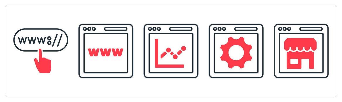 A set of 5 mix icons as click url, ww, graph in red color vector