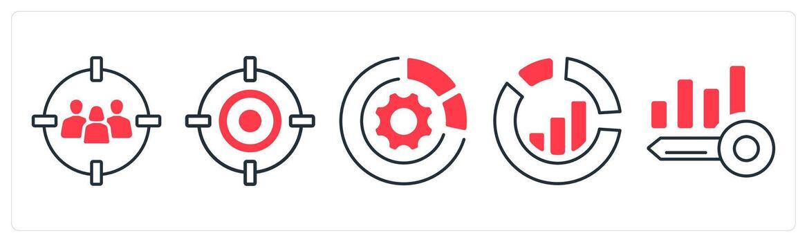 A set of 5 mix icons as target audience, target, statistics in red color vector