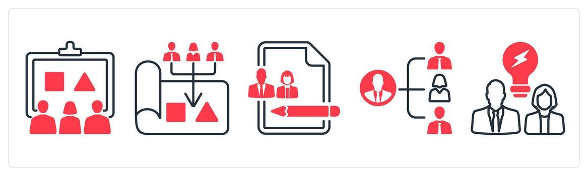 A set of 5 mix icons as planning, project, creative in red color vector