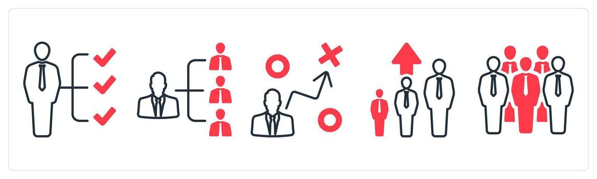 A set of 5 mix icons as skills, responsibilities, strategy in red color vector