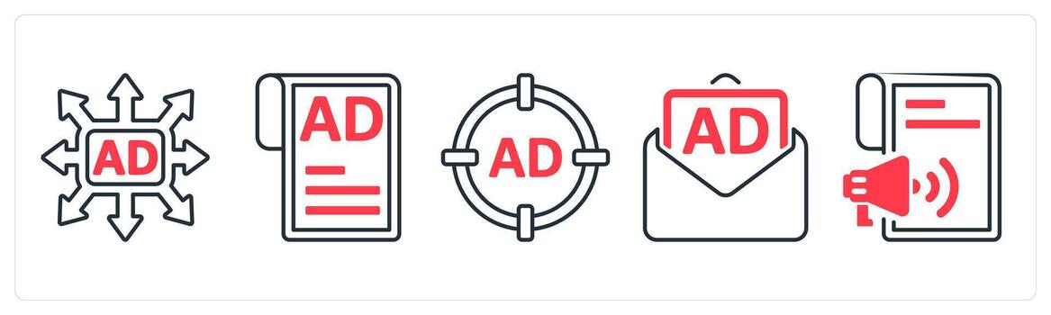 A set of 5 mix icons as ad direction, ad content, target advertisement in red color vector