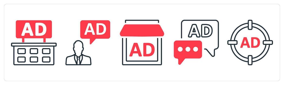 A set of 5 mix icons as ad board, ad manager, advertisement store in red color vector