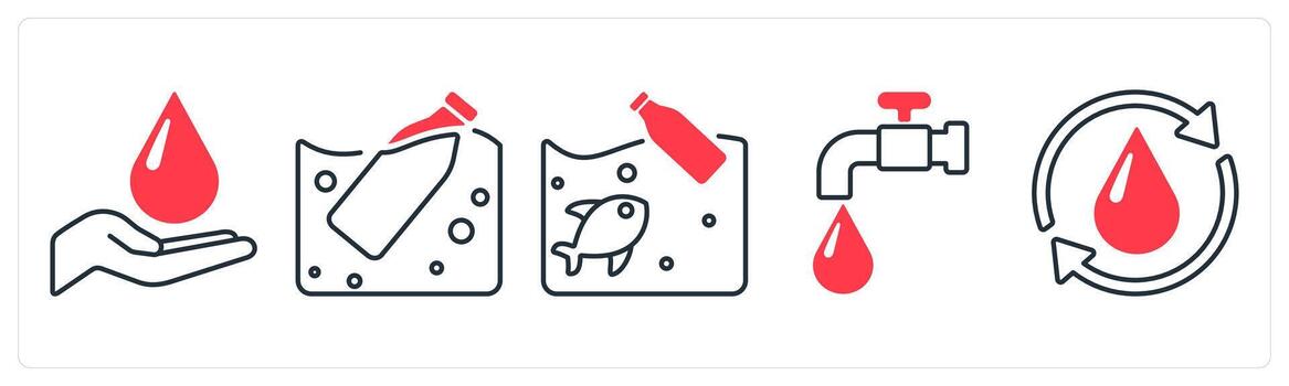 A set of 5 mix icons as save water, recycled bottle, save ocean in red color vector