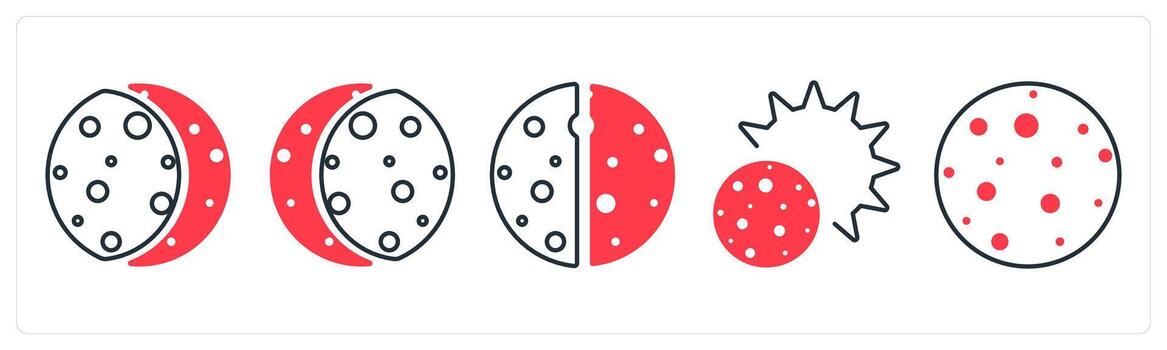 A set of 5 mix icons as solar eclipse, lunar eclipse, eclipse in red color vector