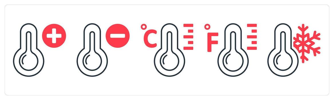 A set of 5 mix icons as hot temperature, cold temperature, celsius in red color vector
