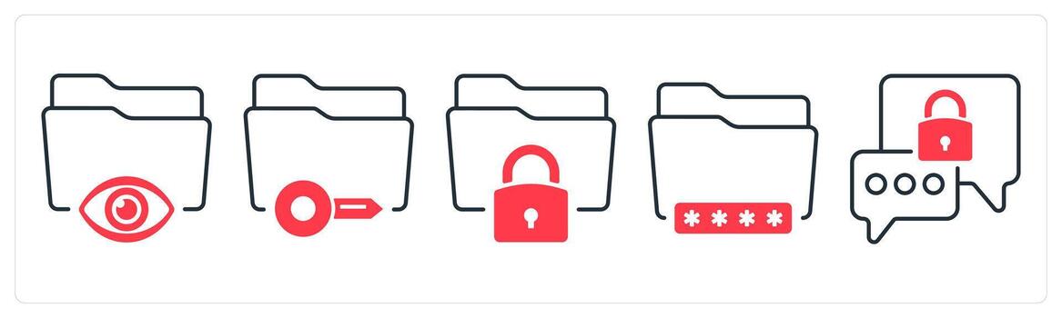 A set of 5 mix icons as private folder, folder key, secured folder in red color vector