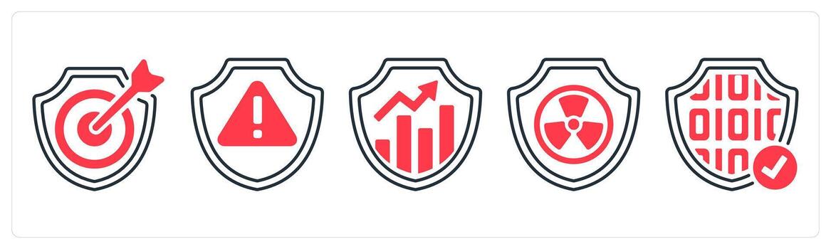 A set of 5 mix icons as target security, warning, analytics in red color vector