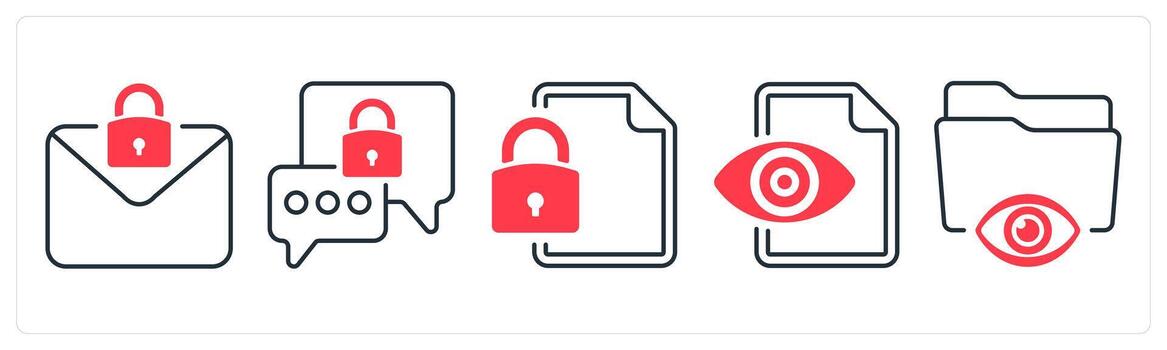 A set of 5 mix icons as email protection, encrypted message, file protection in red color vector