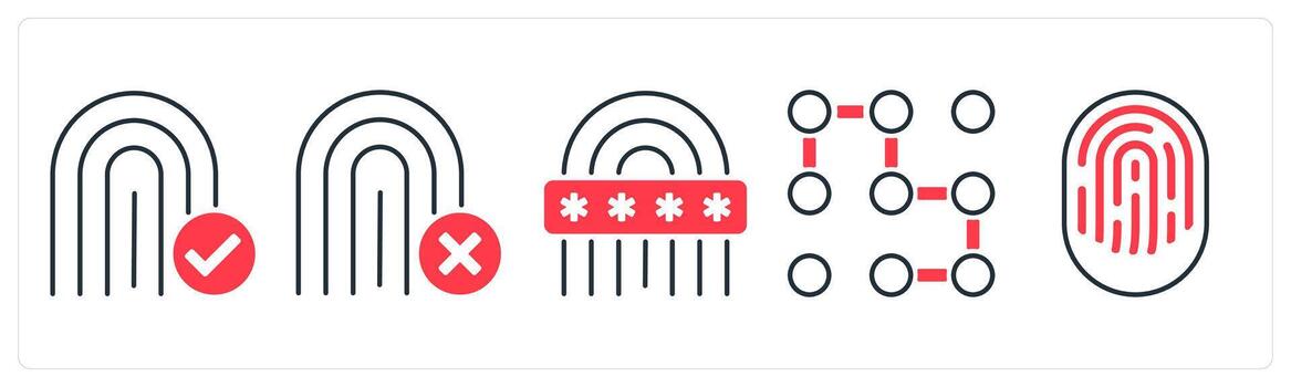 A set of 5 mix icons as fingerprint matched, fingermismatched, biometric in red color vector
