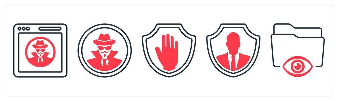 A set of 5 mix icons as spy, hacker, shield in red color vector