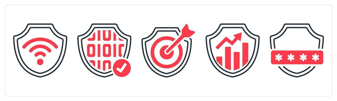 A set of 5 mix icons as secured wifi, data privacy, target security in red color vector