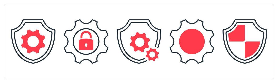 A set of 5 mix icons as shield, security settings, gear in red color vector
