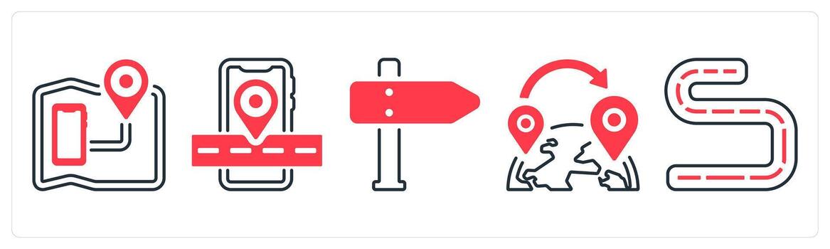 A set of 5 mix icons as travel map, location finder, direction in red color vector