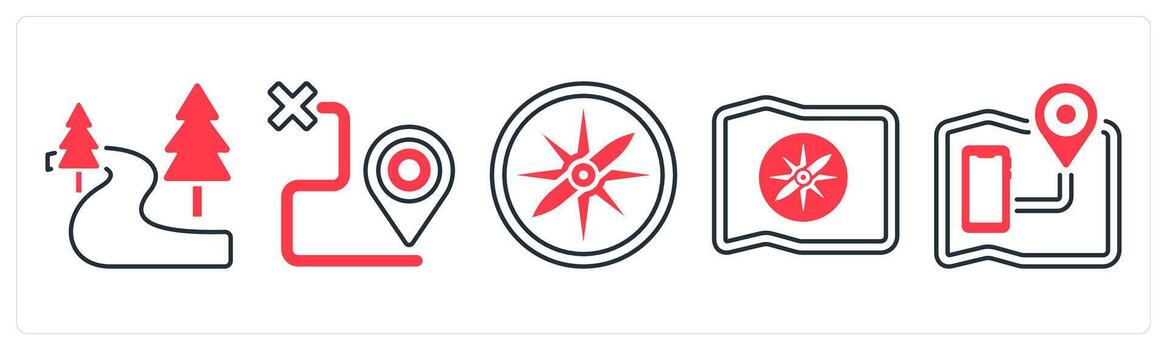 un conjunto de 5 5 mezcla íconos como ruta, Brújula, navegación en rojo color vector