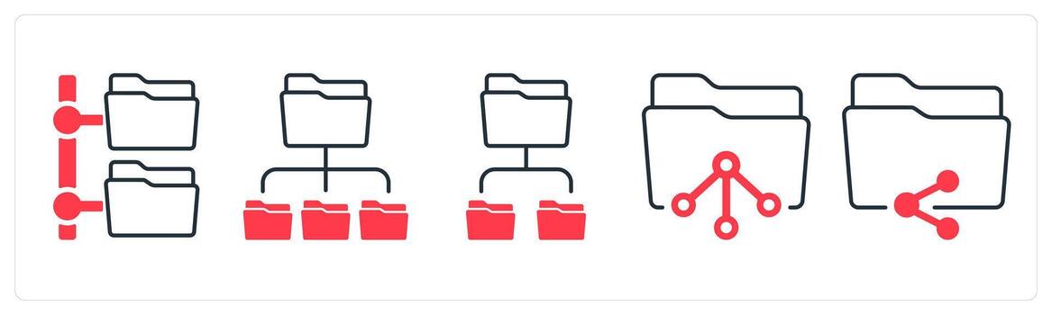 A set of 5 mix icons as folder tree, subfolder, share folder in red color vector