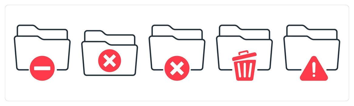A set of 5 mix icons as minus folder, remove folder, trash folder in red color vector