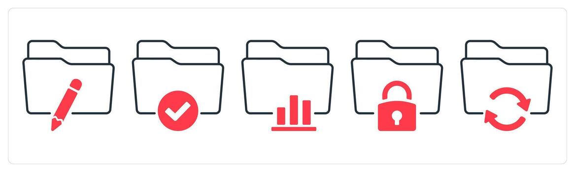 A set of 5 mix icons as edit folder, folder access, statistics in red color vector
