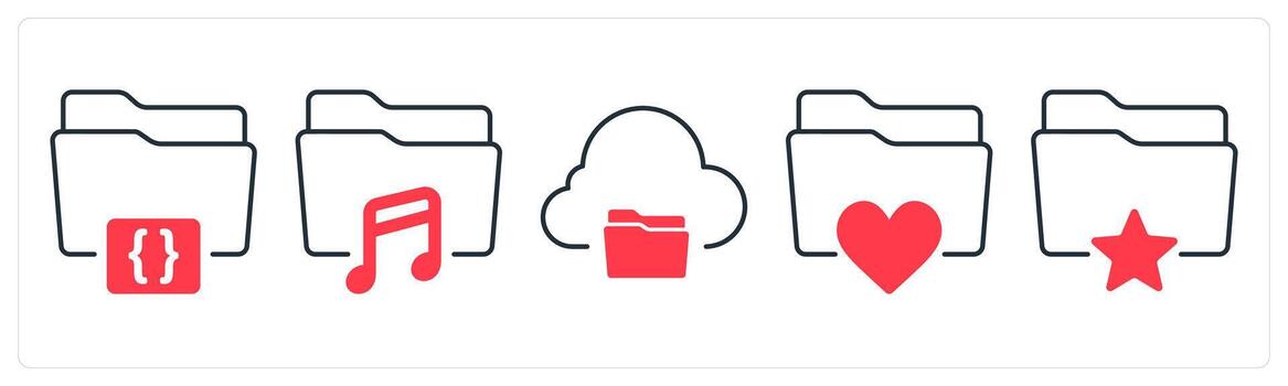 A set of 5 mix icons as folder code, music folder, cloud sharing in red color vector