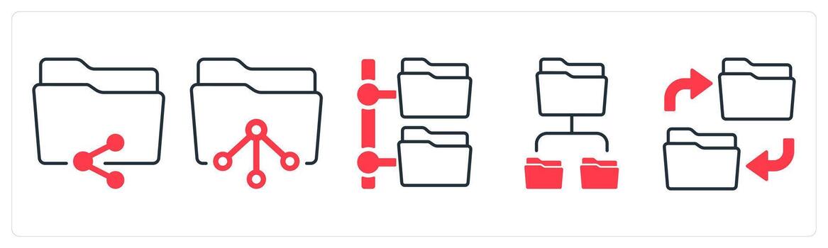 A set of 5 mix icons as share folder, folder tree, subfolder in red color vector