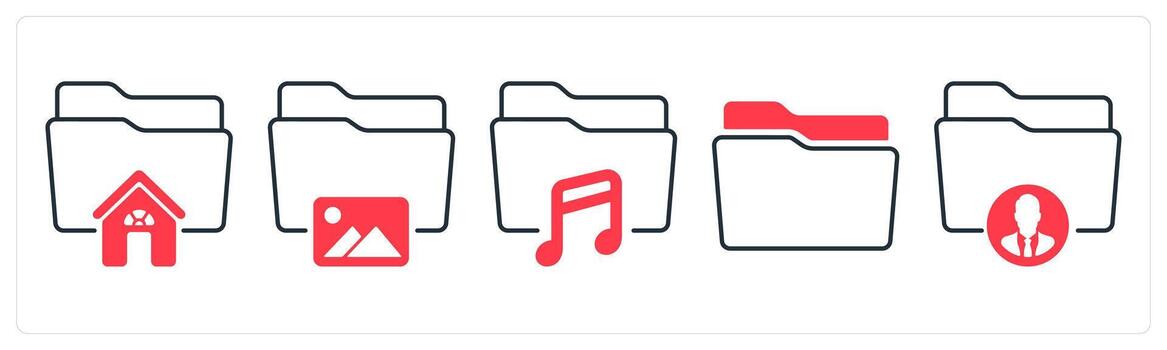 A set of 5 mix icons as home folder, image folder, music folder in red color vector