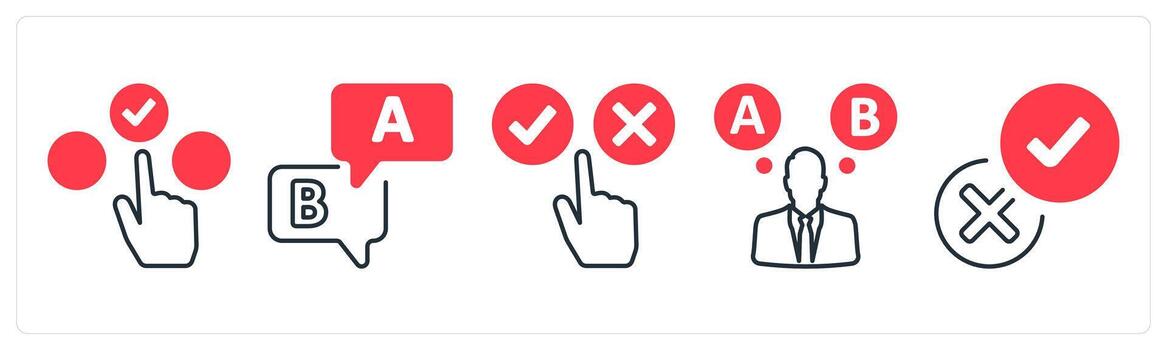 A set of 5 mix icons as choice, option, survey in red color vector