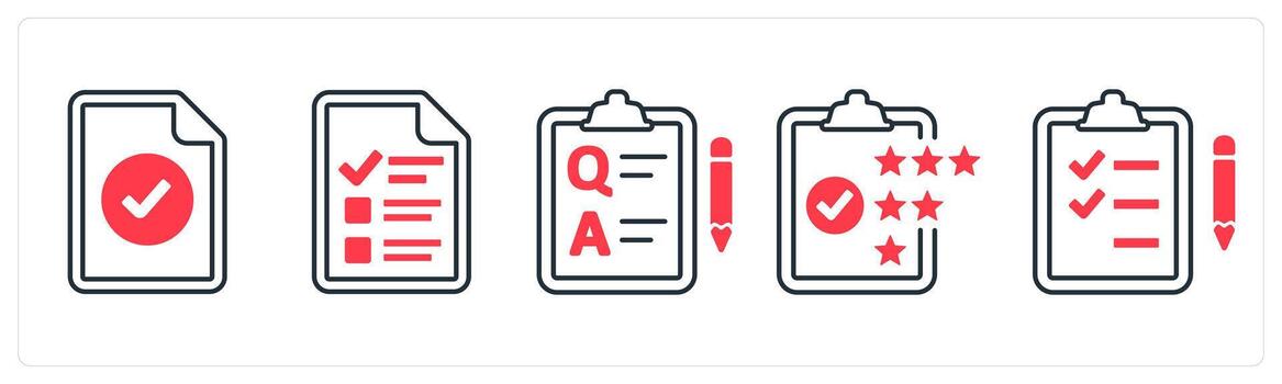 A set of 5 mix icons as approved document, survey, questionnaire in red color vector
