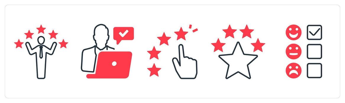A set of 5 mix icons as customer satisfaction, review administrator, star rating in red color vector