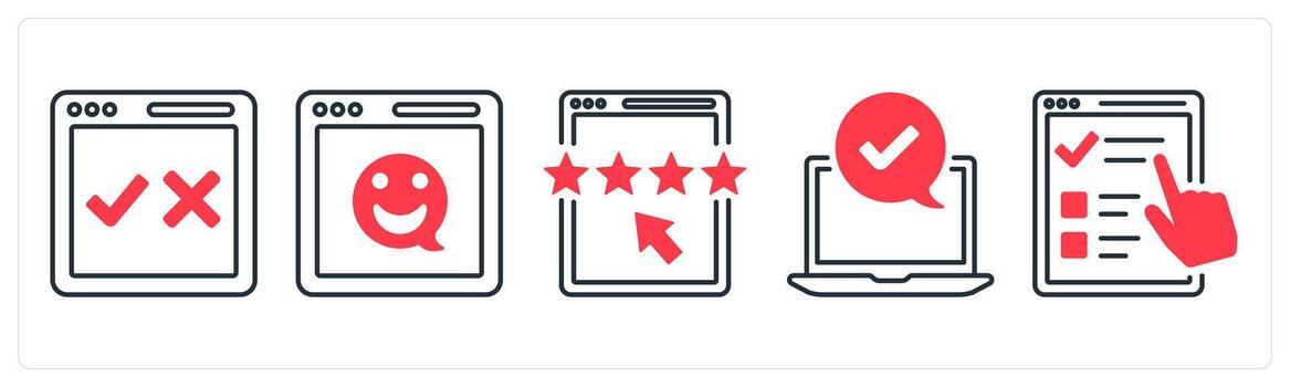 A set of 5 mix icons as online administrator, smiley feedback, website rating in red color vector