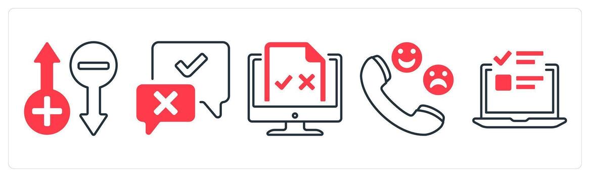 A set of 5 mix icons as rating, validation, online survey in red color vector