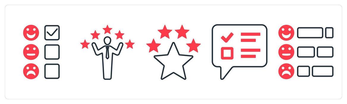 A set of 5 mix icons as feedback survey, customer satisfaction, premium rating in red color vector