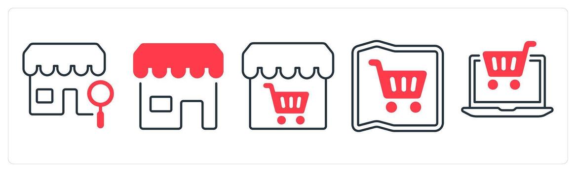 A set of 5 mix icons as search store, store, store address in red color vector