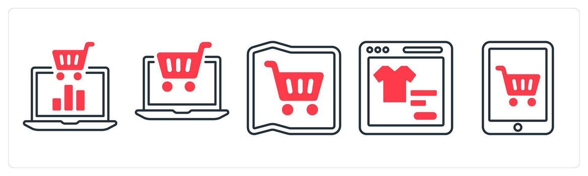A set of 5 mix icons as ecommerce statistics, ecommerce, store address in red color vector
