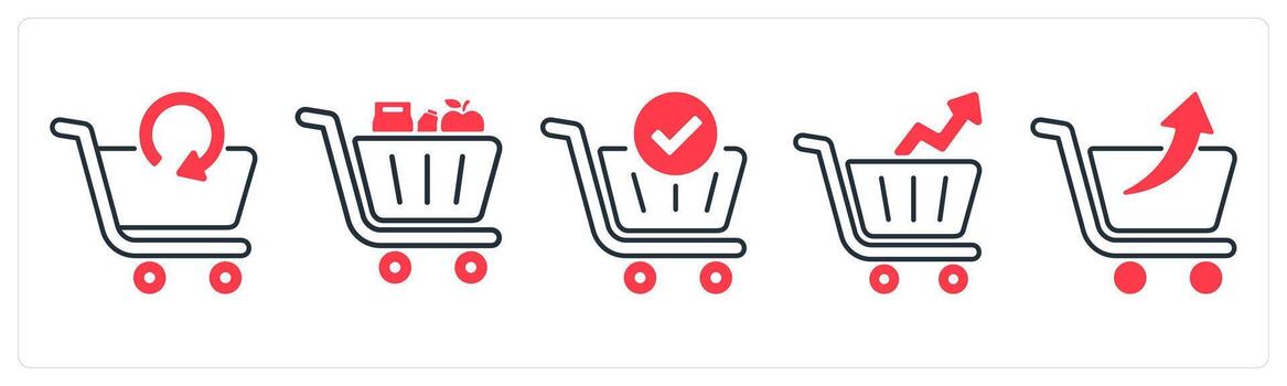 A set of 5 mix icons as update cart, cart items, cart approved in red color vector