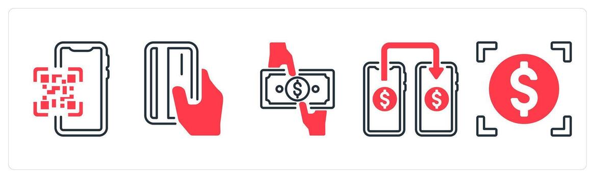 un conjunto de 5 5 mezcla íconos como qr código, tarjeta pago, moneda en rojo color vector