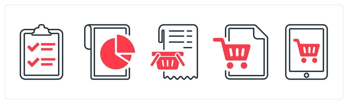 A set of 5 mix icons as item list, data, cart item in red color vector