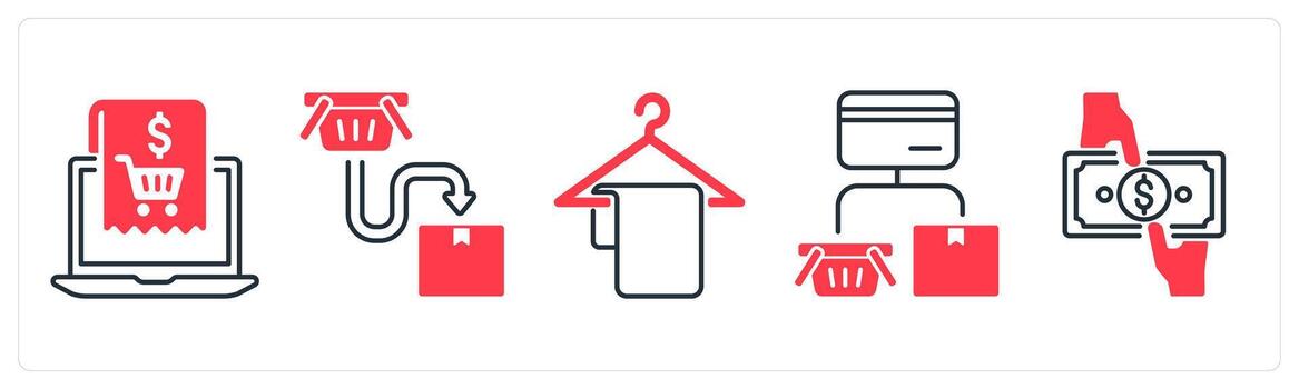 A set of 5 mix icons as checkout, hanger, cart payment in red color vector