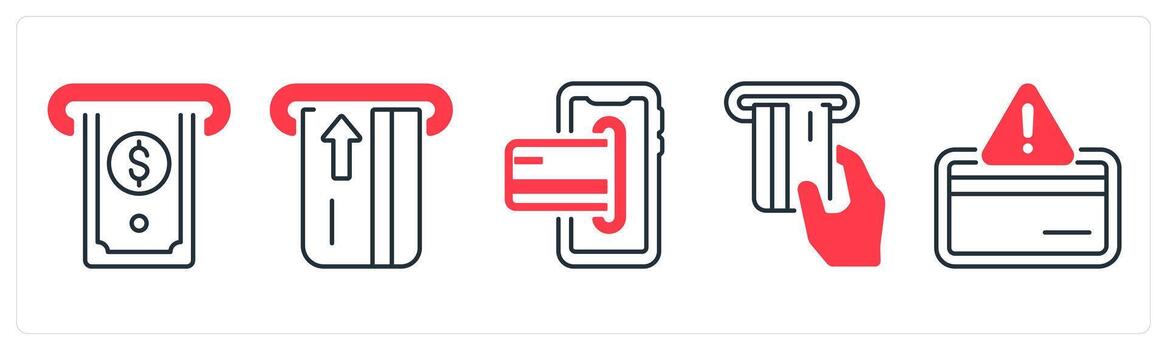 A set of 5 mix icons as withdraw money, insert card, debit card in red color vector