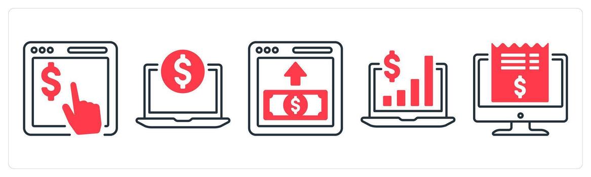 A set of 5 mix icons as pay per click, online payment, monetization in red color vector