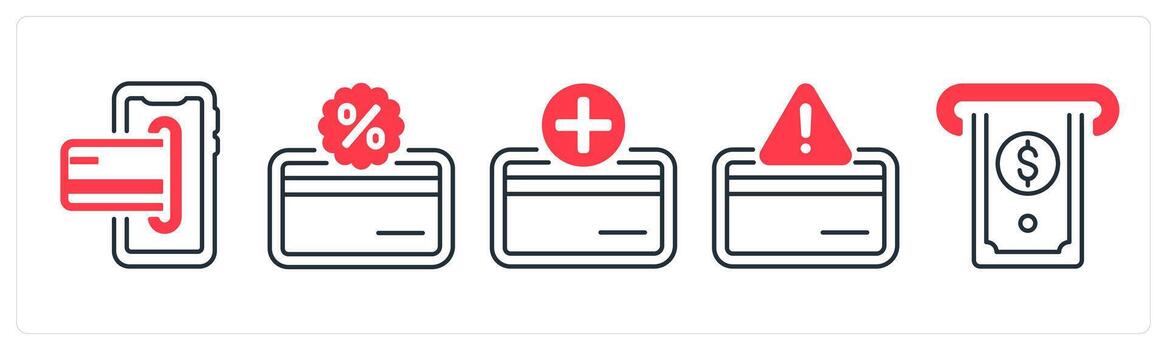 A set of 5 mix icons as debit card, card discount, add card in red color vector