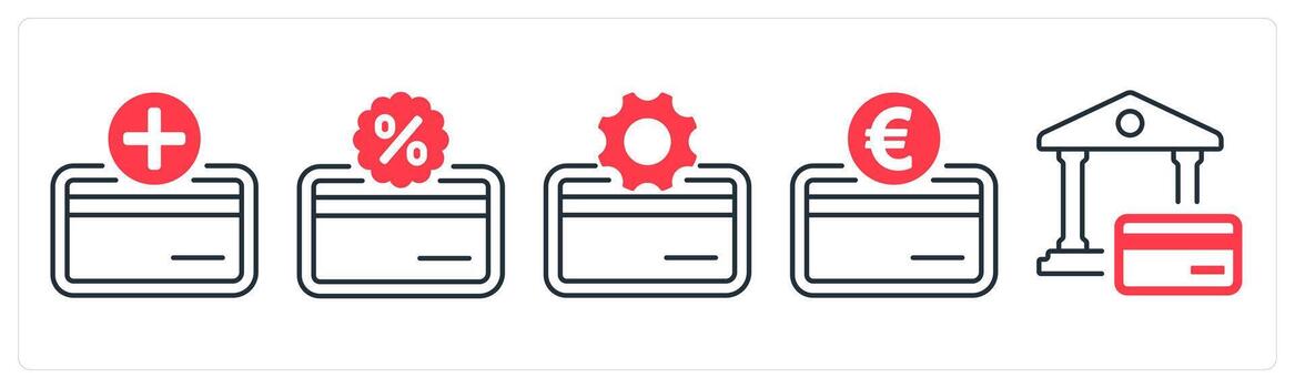 un conjunto de 5 5 mezcla íconos como añadir tarjeta, tarjeta descuento, tarjeta ajustes en rojo color vector