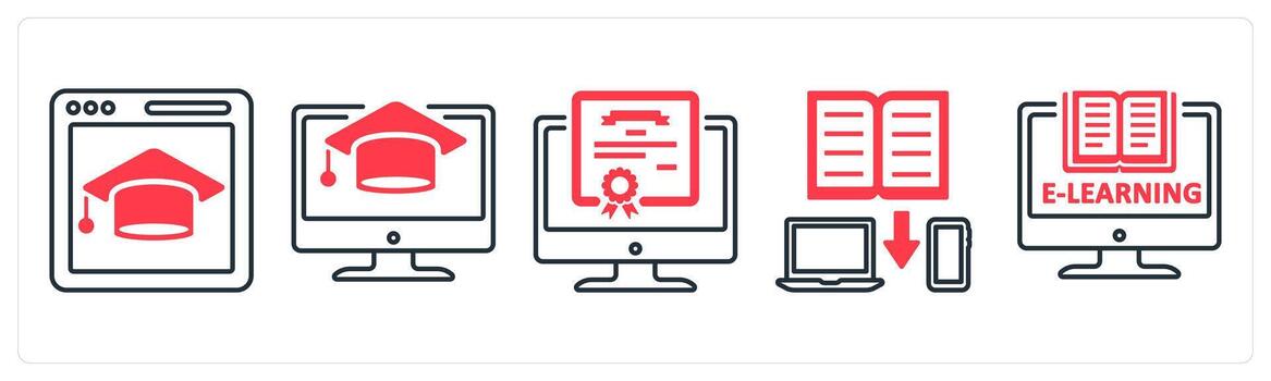 A set of 5 mix icons as elearning, online diploma, data share in red color vector