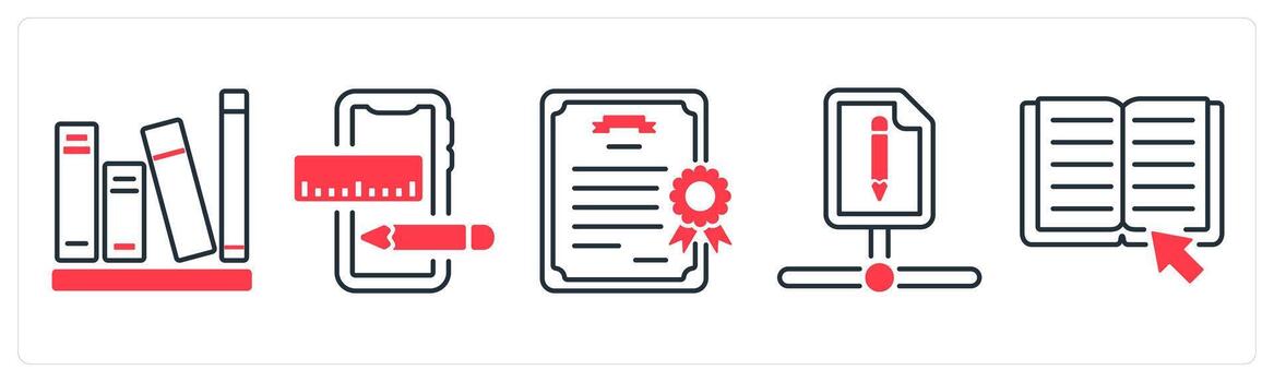 A set of 5 mix icons as library, graphic, certificate in red color vector