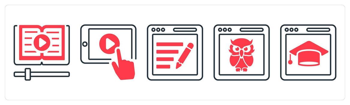 A set of 5 mix icons as ebook, tutorial, article writing in red color vector